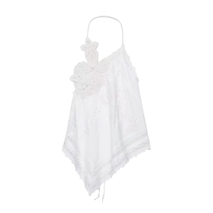 Elegant white halter top with floral embroidery and asymmetric lace hem for women