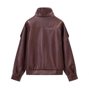 Rear view of deep burgundy PU leather jacket featuring Y-shaped stitching and ribbed hem