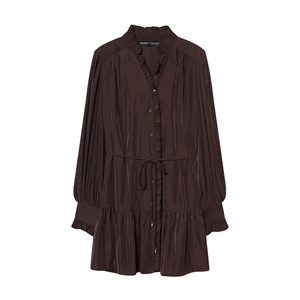 Detail of V-neck dark brown satin dress with ruffled edges and sleek button-down front