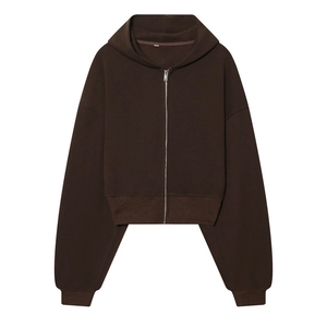 Detail of dark brown hooded zip-up sweatshirt with ribbed cuffs and silver metal zipper