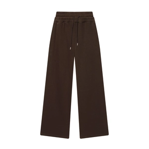 Flat lay of wide leg cotton trousers in dark brown featuring elastic drawstring waist