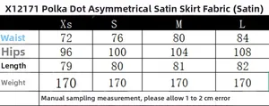 Detailed size chart for polka dot satin skirt in sizes XS to L with measurements