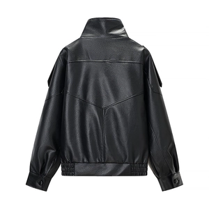 Detail of black PU leather jacket featuring back V-shaped stitching and stand collar