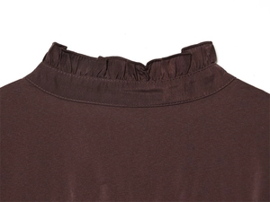 Close-up of a dark brown slim-fit dress featuring a delicate ruffle stand-up collar