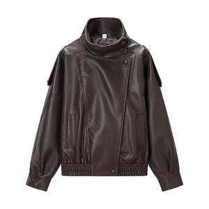 Detail of dark brown PU leather jacket featuring snap collar and asymmetric closure