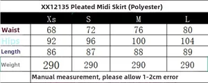 Detailed size guide for women's pleated midi skirt including waist and length measurements