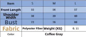 Detaillierte Größentabelle mit Maßen für das ärmellose Top und den Rock in Grau und Kaffee