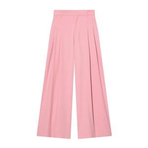 Detail of high-waist pink wide-leg trousers featuring elegant front pleats and belt loops