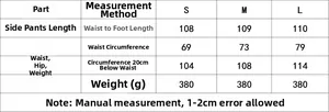 Size chart for women's striped trousers showing waist and hip measurements for S M L