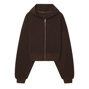 Dark brown cropped zip-up hoodie with dropped shoulders and ribbed cuffs on white background
