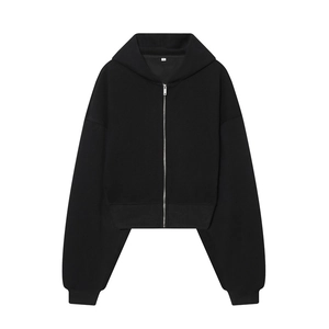 Women black cropped zip-up hoodie with drop shoulders and loose fit on white background