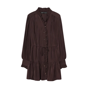 Slim fit dark brown long sleeve dress with ruffled stand collar and drawstring waist