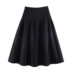 Detailed view of black midi pleated skirt featuring a smooth waistband and satin sheen