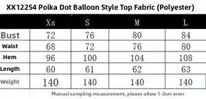 Detailed size guide table for backless polka dot top with bust and waist measurements