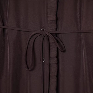 Slim fit dark brown dress with elegant ruffle details and a thin drawstring waist tie