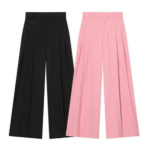 Women High Waist Wide Leg Trousers Pleated Front Solid Color Loose Casual Office Streetwear Straight Long Pants For Women