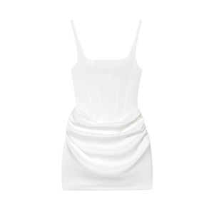 Close-up of a white corset-style mini dress featuring a square neck and draped ruffle detailing