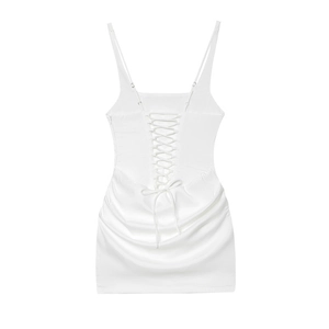 Detail of white corset-style back with criss-cross laces on slim fit dress