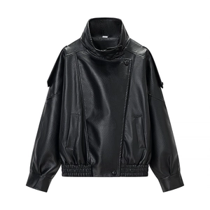 Women's black PU leather jacket with stand collar and button closure in loose casual style