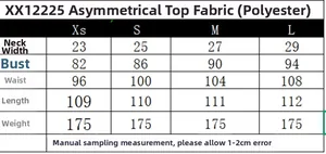 Tableau des tailles pour haut asymétrique avec mesures de poitrine et taille du XS au L