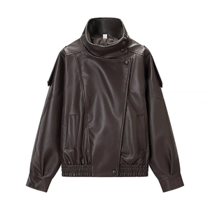 Women's dark brown faux leather jacket with stand collar and casual loose fit design