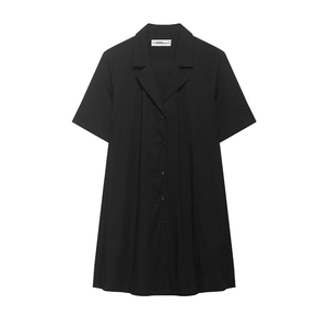 Robe Chemise Décontractée à Manches Courtes pour Femmes avec Revers Noir Uni Simple Boutonnage Ample Ligne A Mini Robe Minimaliste Bureau
