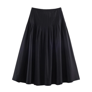 Elegant black high-waisted pleated midi skirt with premium satin finish and A-line silhouette