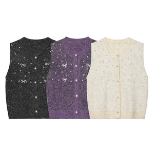 Women Vintage Bow Artificial Pearl Sequin Knitted Vest Cardigan Sleeveless Round Neck Bowknot Beaded Sweater Vest Top