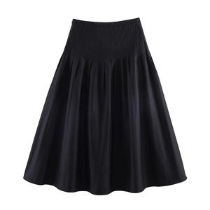 Elegant high-waisted black midi pleated skirt with A-line silhouette and smooth finish