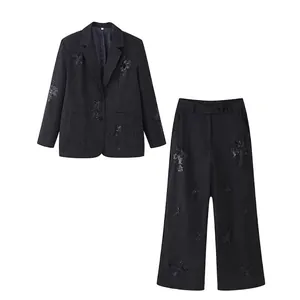 Women Elegant Stripe Blazer Pants With Sequin Floral Embroidery Two-Piece Office Lady Fashion Outfits Black Formal Suiting