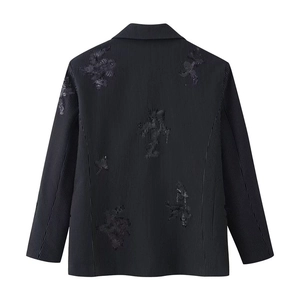 Women's elegant black striped blazer featuring artistic back embroidery and loose fit style