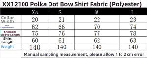 Detailed size chart for polka dot bow shirt XX12100 with measurements from XS to L