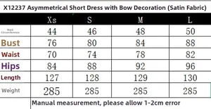 Size chart for satin bow mini dress showing measurements for XS to L sizes
