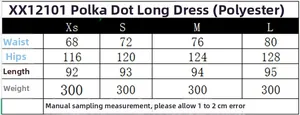 Detailed size chart for polka dot maxi skirt showing waist and length measurements