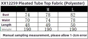 Size chart showing bust, waist, and length measurements for the pleated tube top