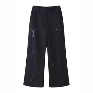 Women's high waist wide leg trousers with white stripes and sequined star patterns