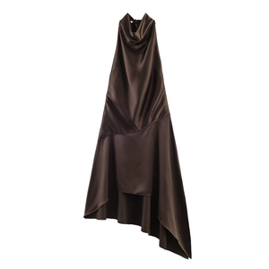 Women's Satin Halter Neck Cowl Cowl Dress Asymmetrical Hem Backless Lace Patchwork Bow Midi Chocolate Brown Sexy Party Dress