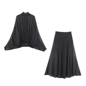 Elegant Women Polka Dot Satin Polyester Shirt And Midi Skirt Top And Bottom Set Long Sleeve Batwing Top Casual Loose Outfit