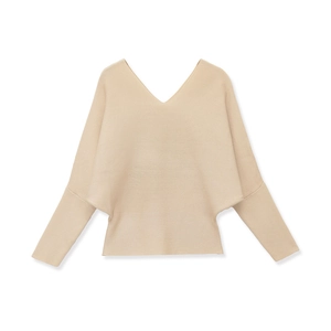 Elegant beige V-neck knit sweater with stylish batwing sleeves and ribbed waist for women