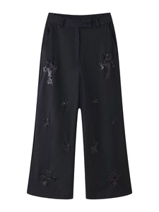 Women's black high-waist pinstripe wide-leg trousers with elegant sequin embroidery detail