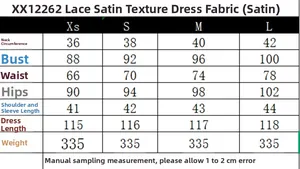 Tableau des tailles détaillé pour la robe en satin et dentelle, de la taille XS à L