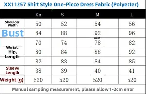Size guide for women's short sleeve shirt dress showing bust, waist and length measures