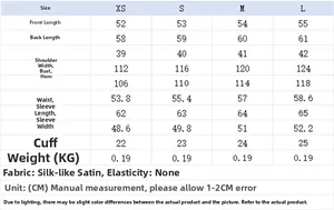 Detailed size chart for the women's satin shirt with specific measurements in centimeters