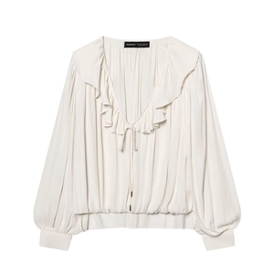 Women Elegant Ruffle V Neck Satin Blouse Long Lantern Sleeve Tie Front Solid Color Casual Loose Shirt Top