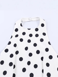 Polka dot backless halter top for women featuring a neck button closure and slim fit design