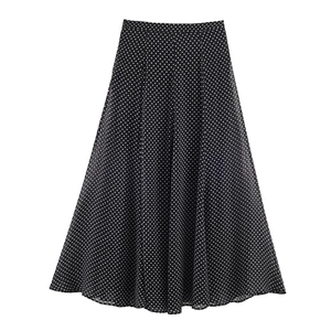 Detailed flat lay of black and white polka dot high waist A-line midi skirt