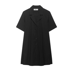 Robe chemise noire à manches courtes pour femmes avec col classique et boutonnage
