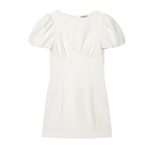 Mini Robe Sexy Blanche pour Femmes Manches Bouffantes Col Carré Plissée Fermeture Éclair Invisible Dos Ligne A Robe de Fête