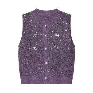 Women's purple knit vest cardigan with pearl bows and shimmering sequin details