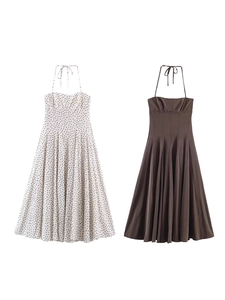 Abito Maxi Donna Sexy con Allacciatura al Collo Schiena Scoperta Pois Vintage Fiocco Vita Alta Linea A Vacanza Estiva Festa